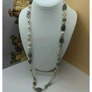 Stella & Dot Stone Metal Beaded Long Necklace Womens Jewelry Natural Tones 0310
